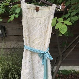 Creme dress with beading and blue silk sash
